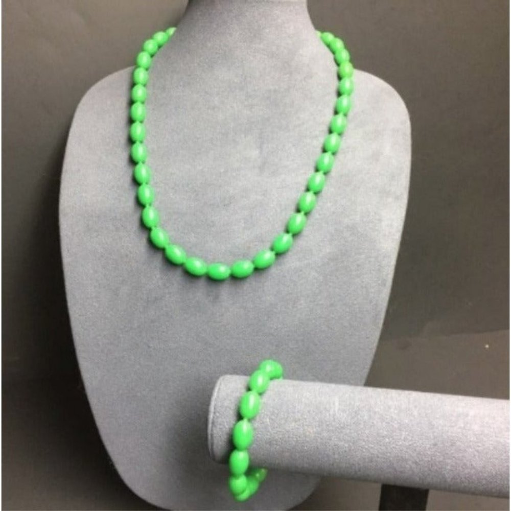 VTG Pop Bead Necklace Bracelet Spring Green Oval Adjustable Retro
